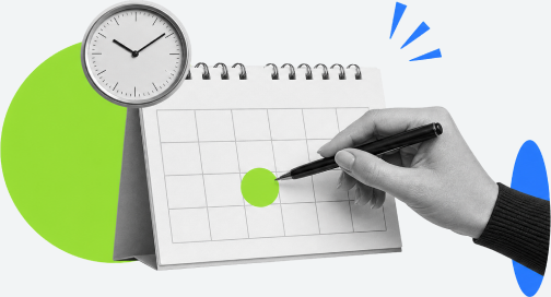 Hand markiert einen Termin in einem Kalender, daneben eine Uhr