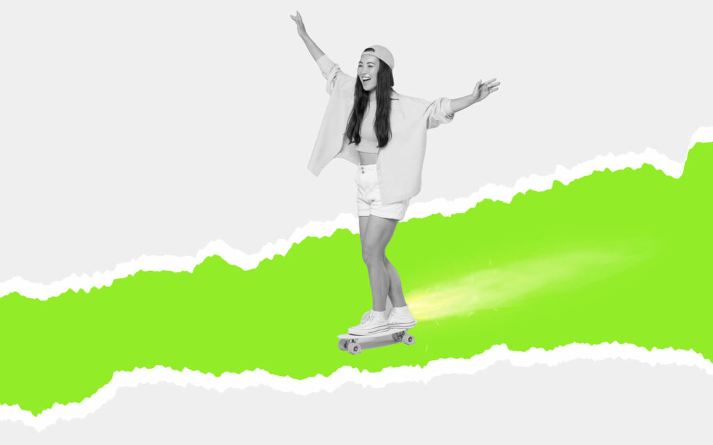 Ein Mädchen mit langen Haaren auf einem Skateboard